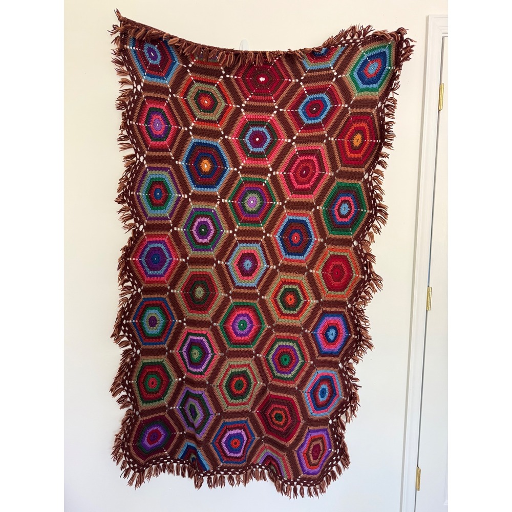 Vintage Colorful Wool HONEYCOMB Hexagonal Hexie Pattern CROCHET THROW Blanket